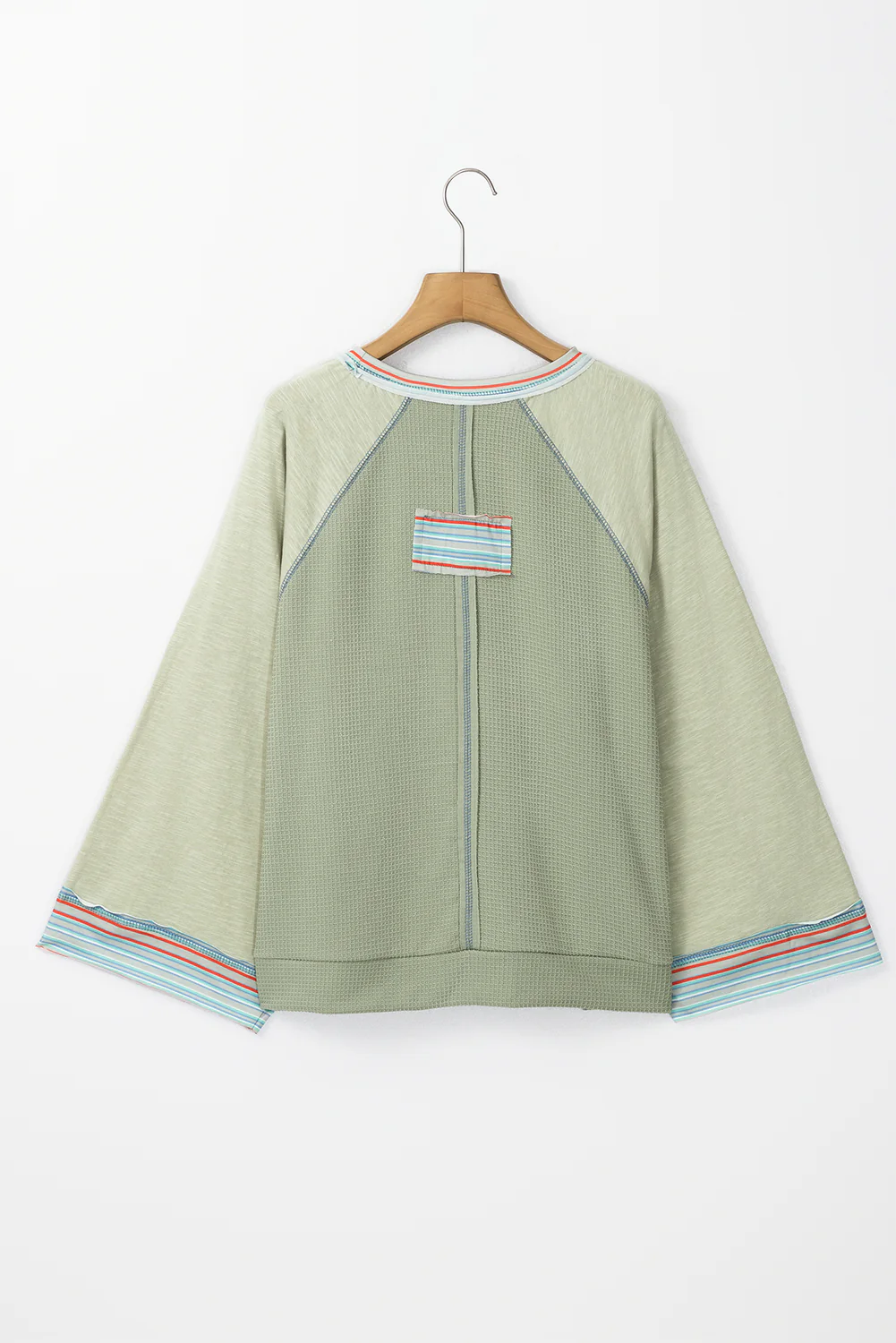 Meadow Mist Waffle Knit Wide Bracelet Sleeve Patchwork Raglan Top