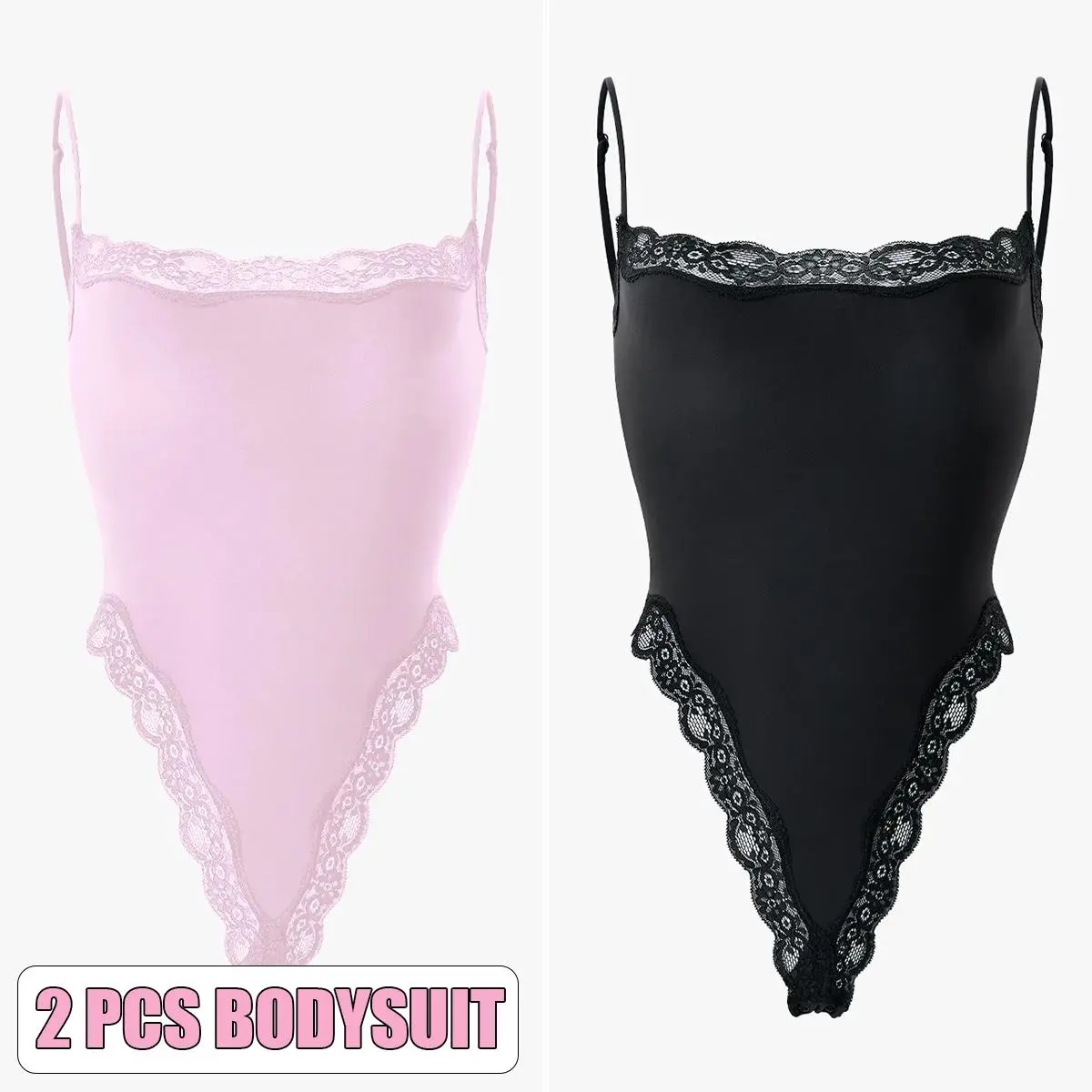 KatchMe Lace Series Women's Simple Style Spaghetti Strap Lace Trim Breathable Bodysuit