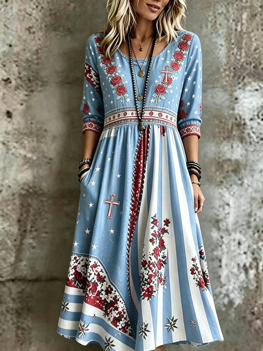 Women'S Vintage  Independence Day USA Flag  Cross Star Ombre Print Midi Dress
