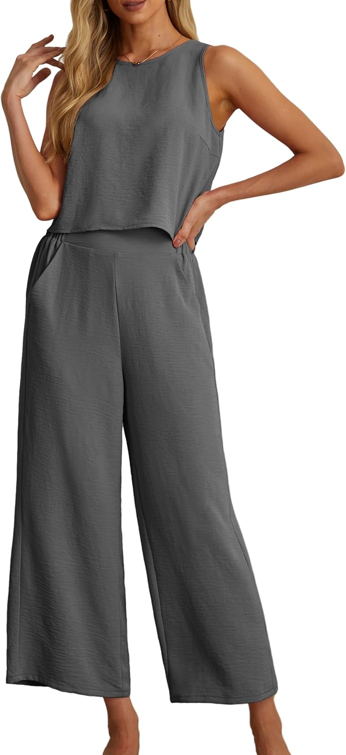 Women's Summer 2 Piece Outfits Set Round neck Sleeveless Tank Crop Top Wide Leg pants Set Pockets Jumpsuits