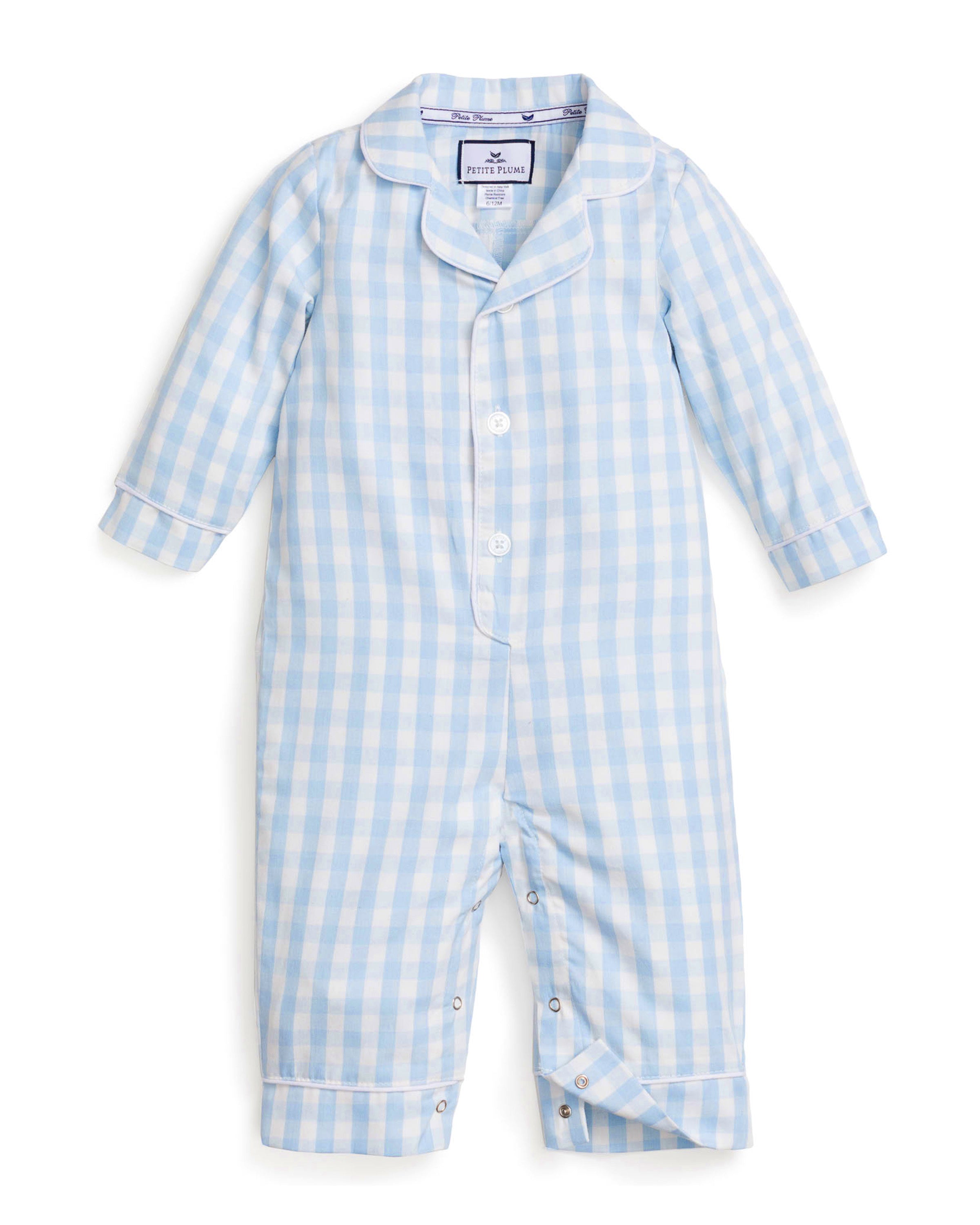 Baby's Twill Classic Romper in Light Blue Gingham
