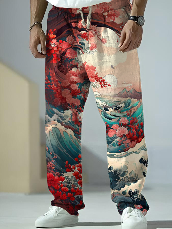 Men's Floral Sea Wave Japanese Art Print Casual Pants
