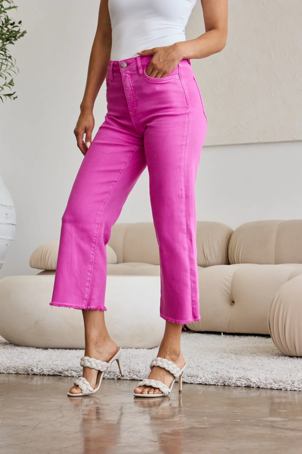 Crop Chloe Full Size Tummy Control High Waist Raw Hem Jeans