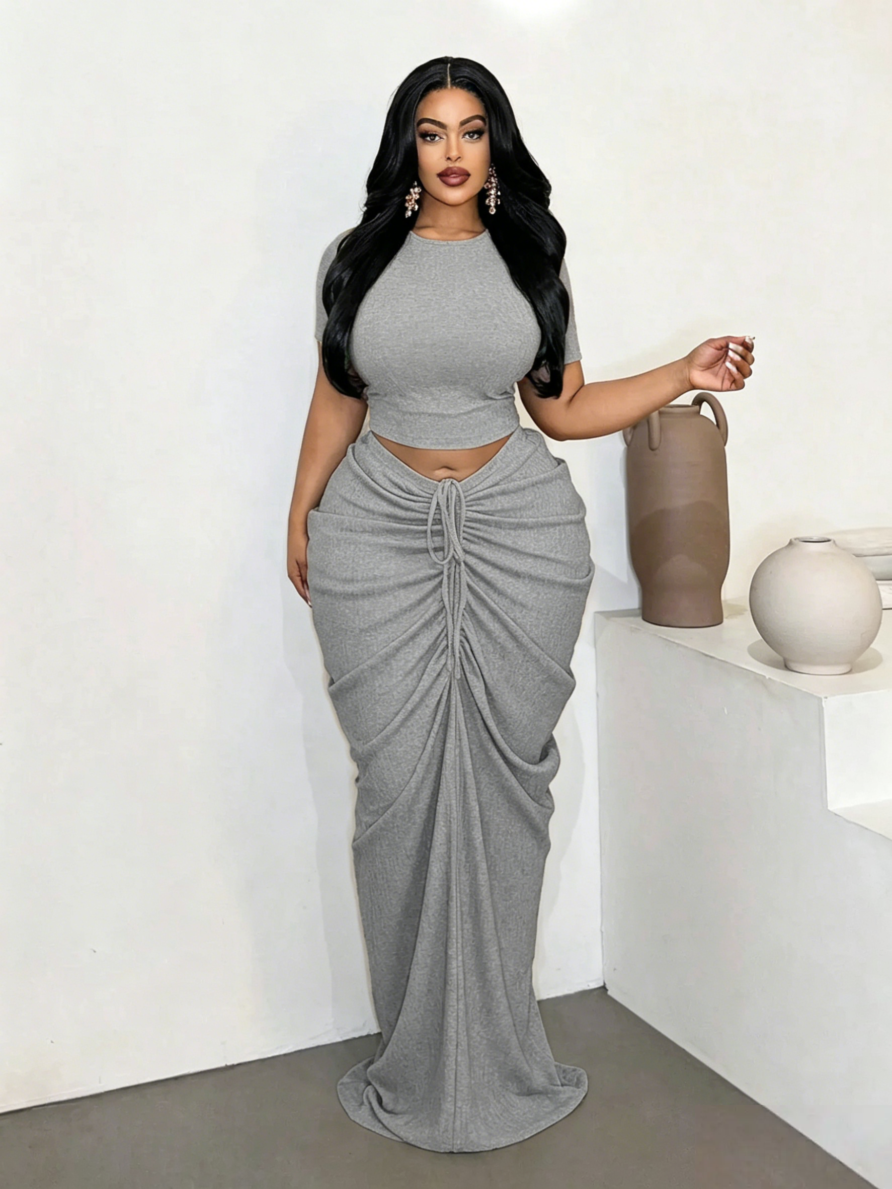Plus Size Two-Piece Women's Set, Ribbed Short Top & Drawstring Pleated Skirt, Sexy Slim Fit Evening Party Dress