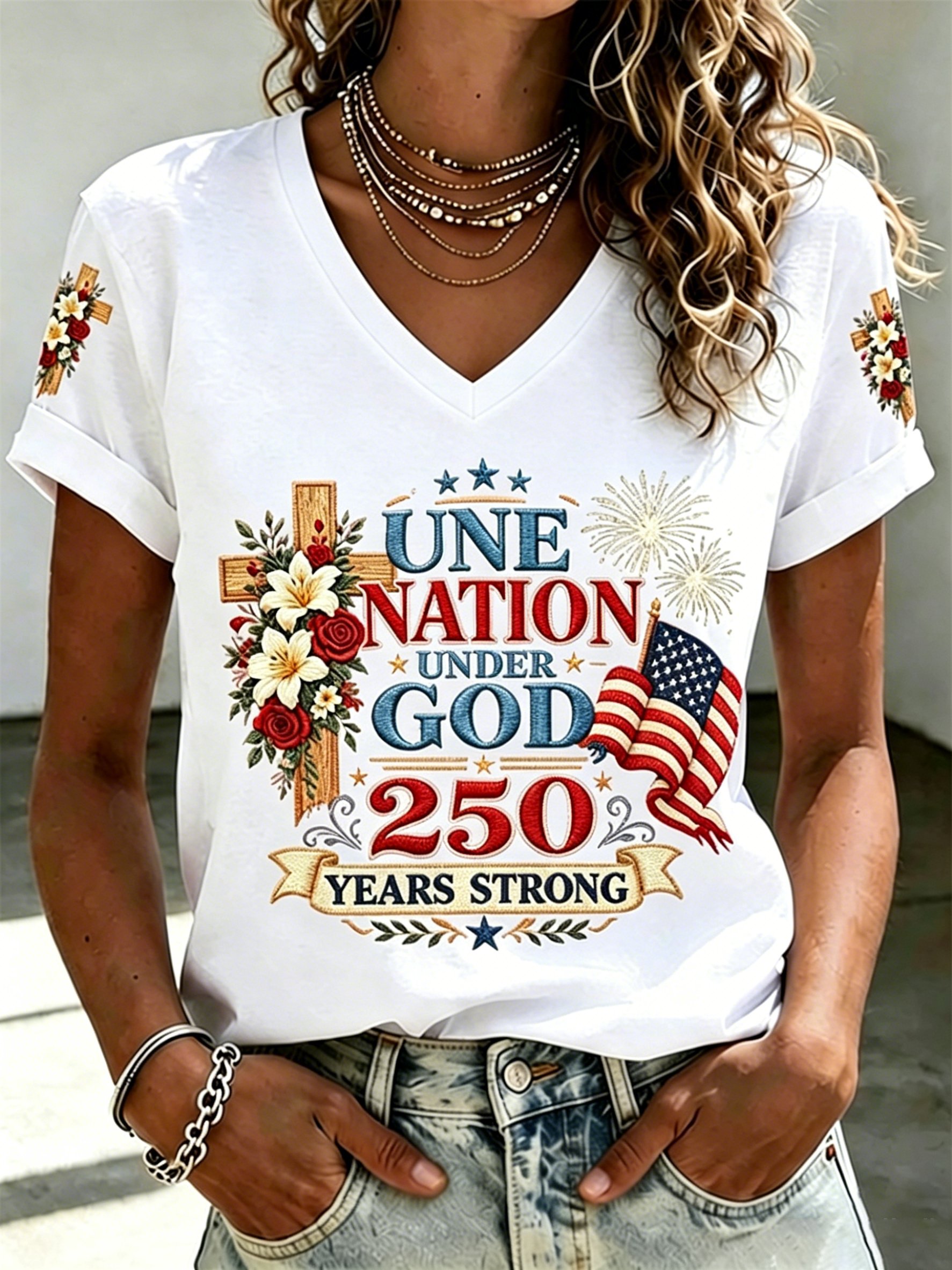 Women's America 250 Years Strong One Nation Under God Print Casual T-shirt