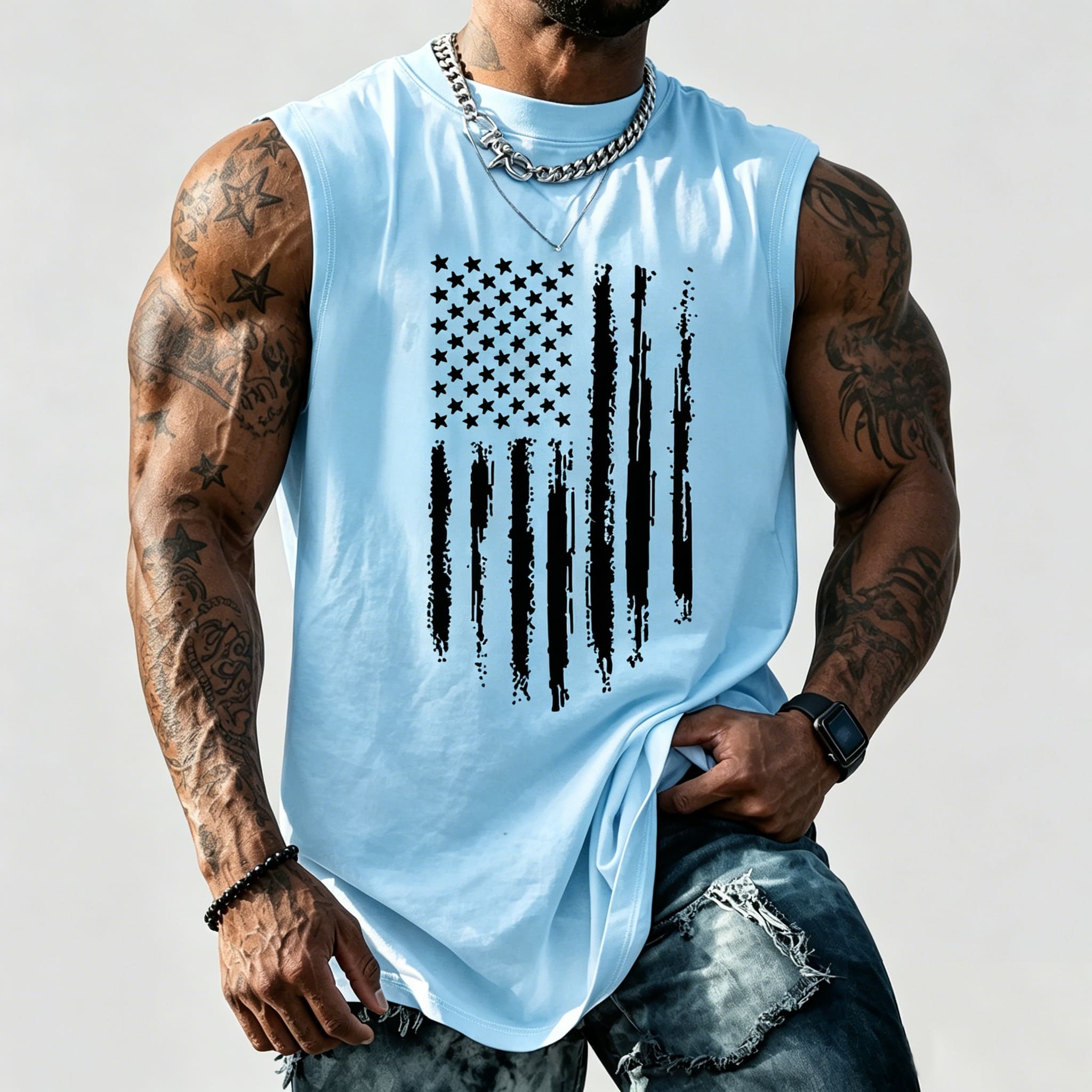 Men's American Flag Graphic Print Crew Neck Fitted Tank Top Vest
