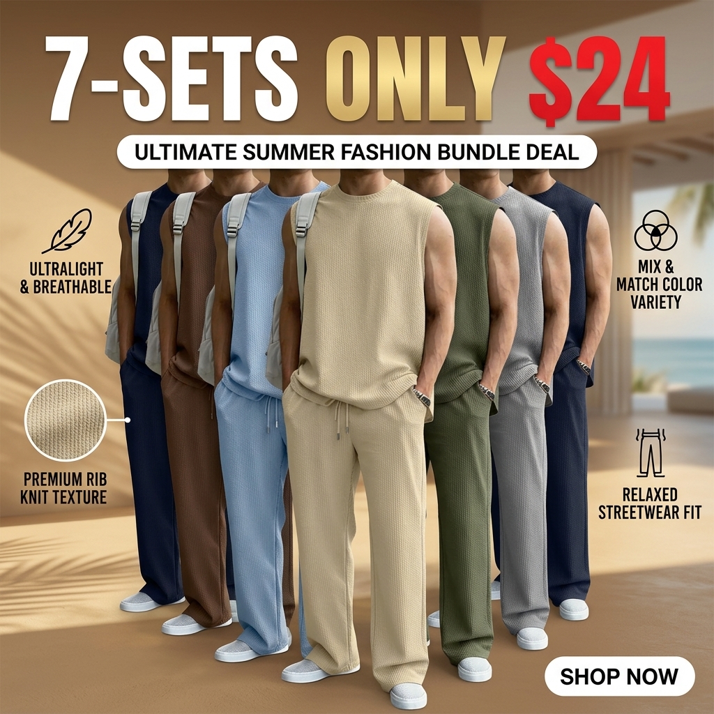 Men’s 2-Piece Ribbed Knit Sleeveless Sweatsuit Set – Summer Baggy Fit Tank & Wide Leg Pants