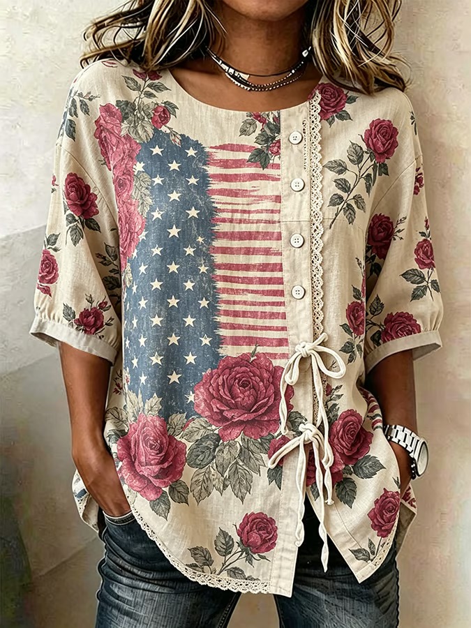 Women'S Retro Independence Day Flag Flower Art Casual Short Sleeved Shirt