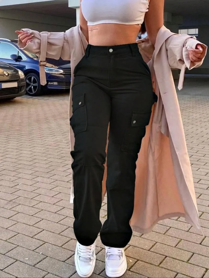 Women's Plain Pocket Button Fly Cargo Pants, Casual Streetwear Solid Color Trousers for Daily Wear