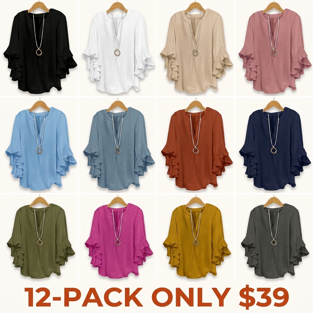 Plus-Size Women's Slim-Fit Shirt with Ruffled Sleeves and V-Neck