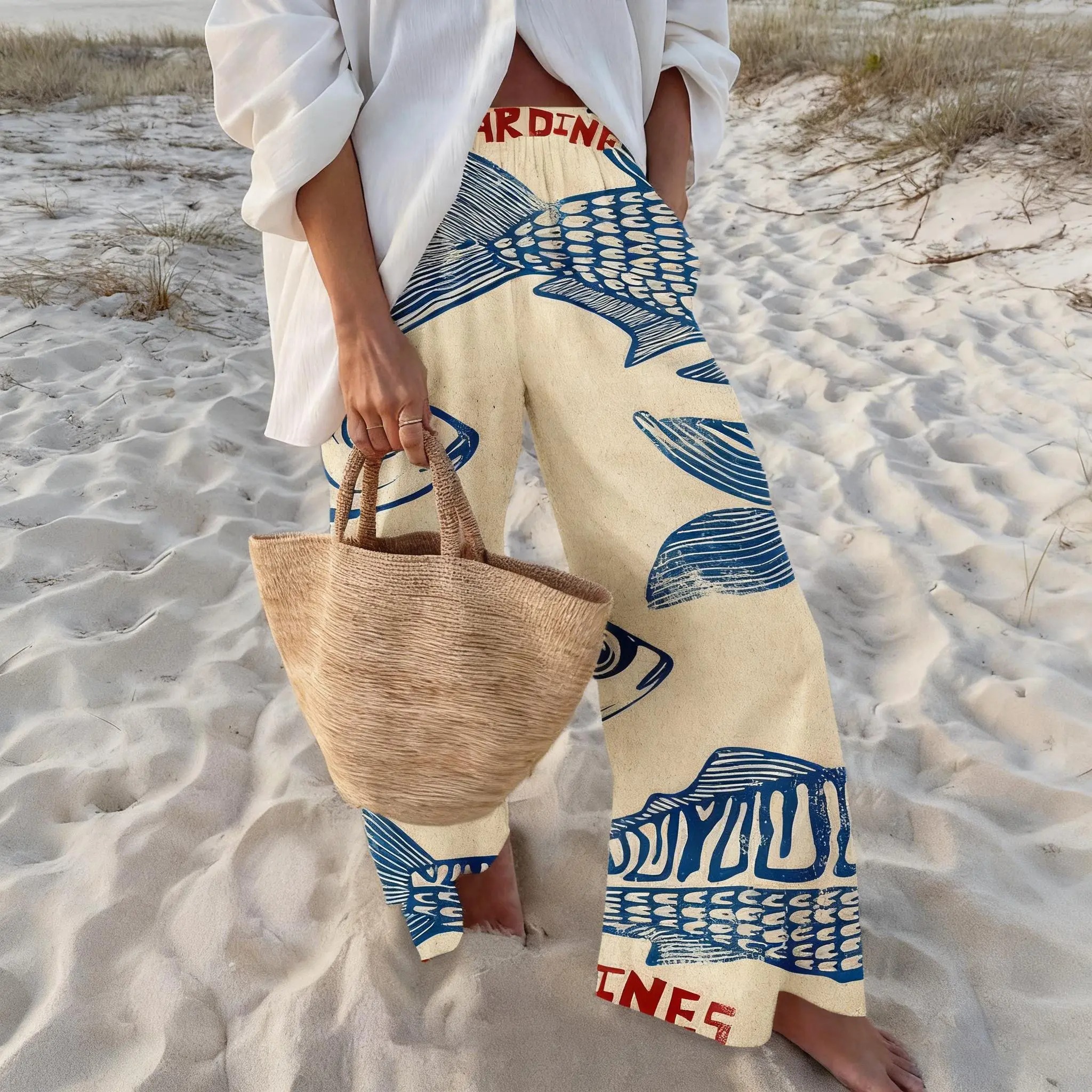 Women's Retro Nautical-Style Sardine Print Wide-Leg Pants with Contrasting Painted Loose and Comfortable