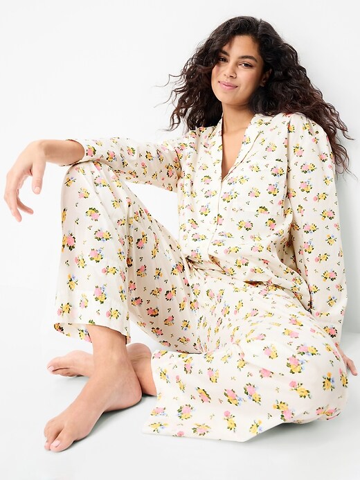 Poplin Pajama Pant Set White Floral