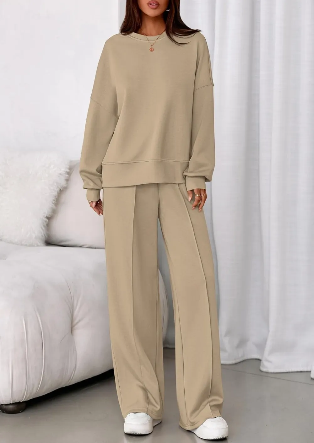 2 Piece Sets For Women Fall Trendy Long Sleeve Sweatshirt Wide Leg Pants Loungewear