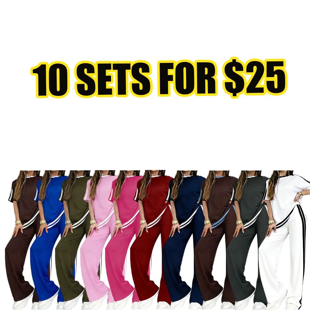 Women’s Casual Sport Two-Piece Set – Short Sleeve Split Hem Top & Striped Wide Leg Pants Outfit-