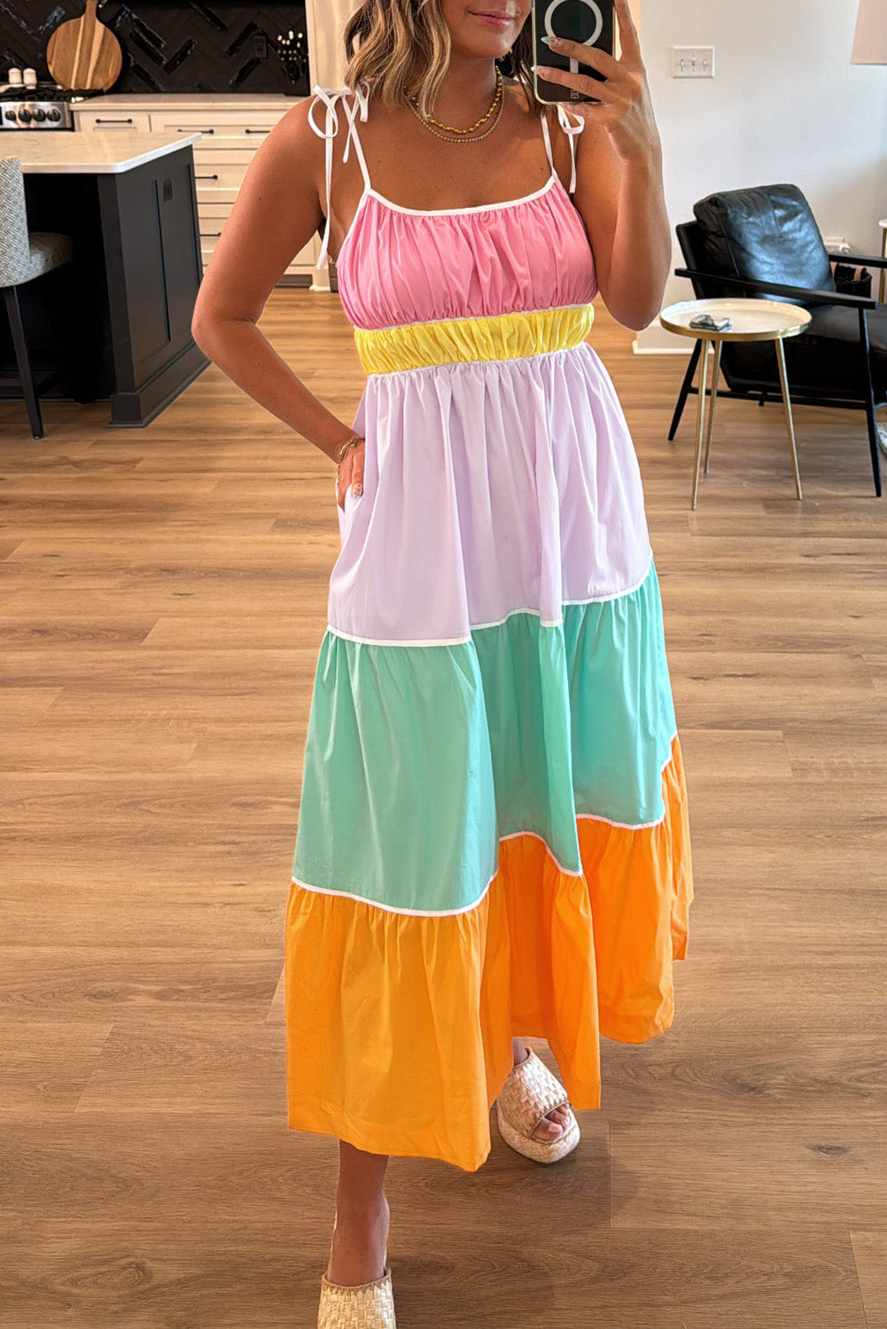 Multicolour Colorblock Self-Tie Straps High Waist Flowy Maxi Dress With Pockets