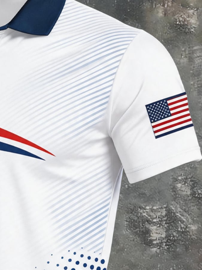 Men's Retro Patriotic Color-Block Short-Sleeve Polo Shirt