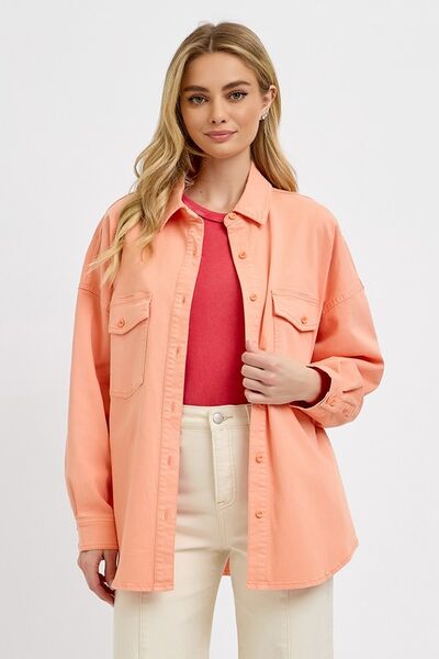 Full Size Button Down Long Sleeve Denim Shacket with Chest Pockets