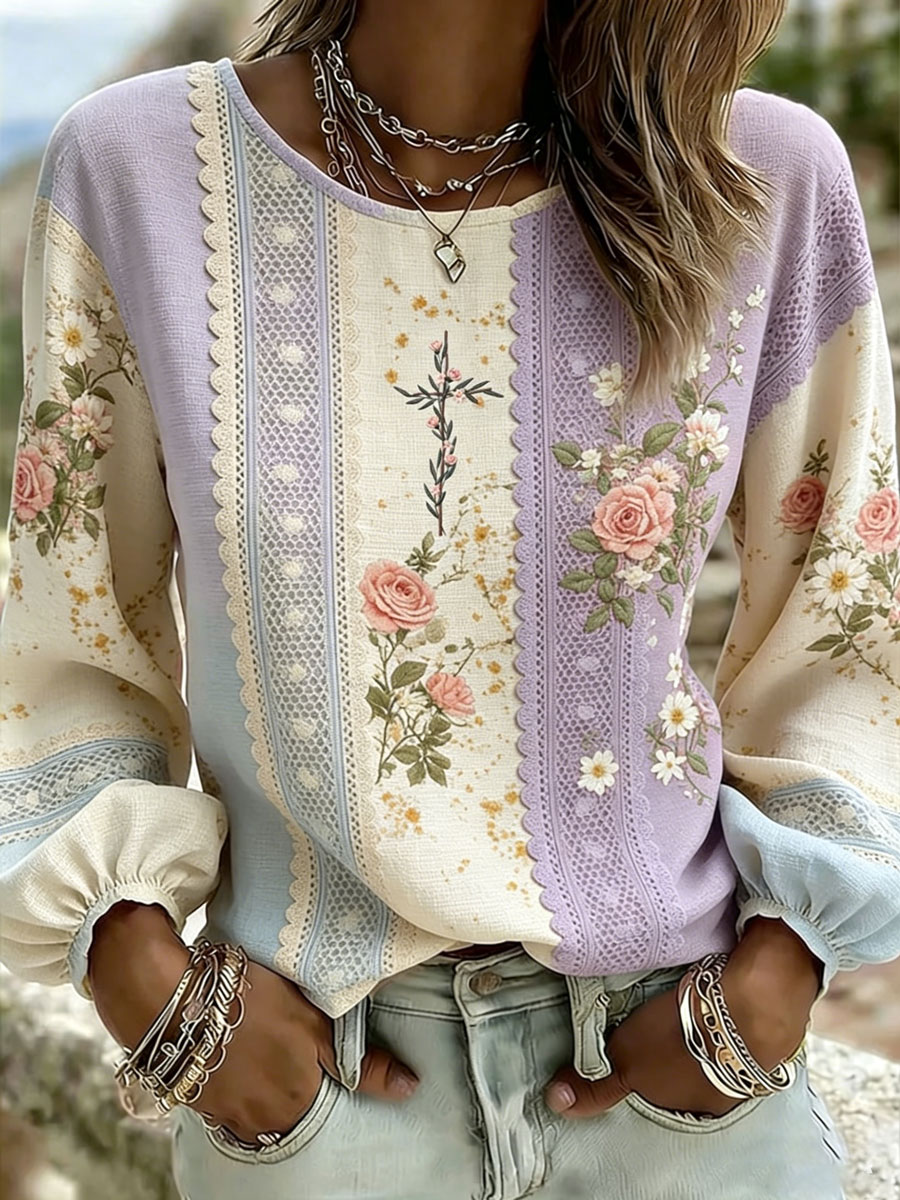 Women'S Casual Floral  Faith Print Cotton Linen Top