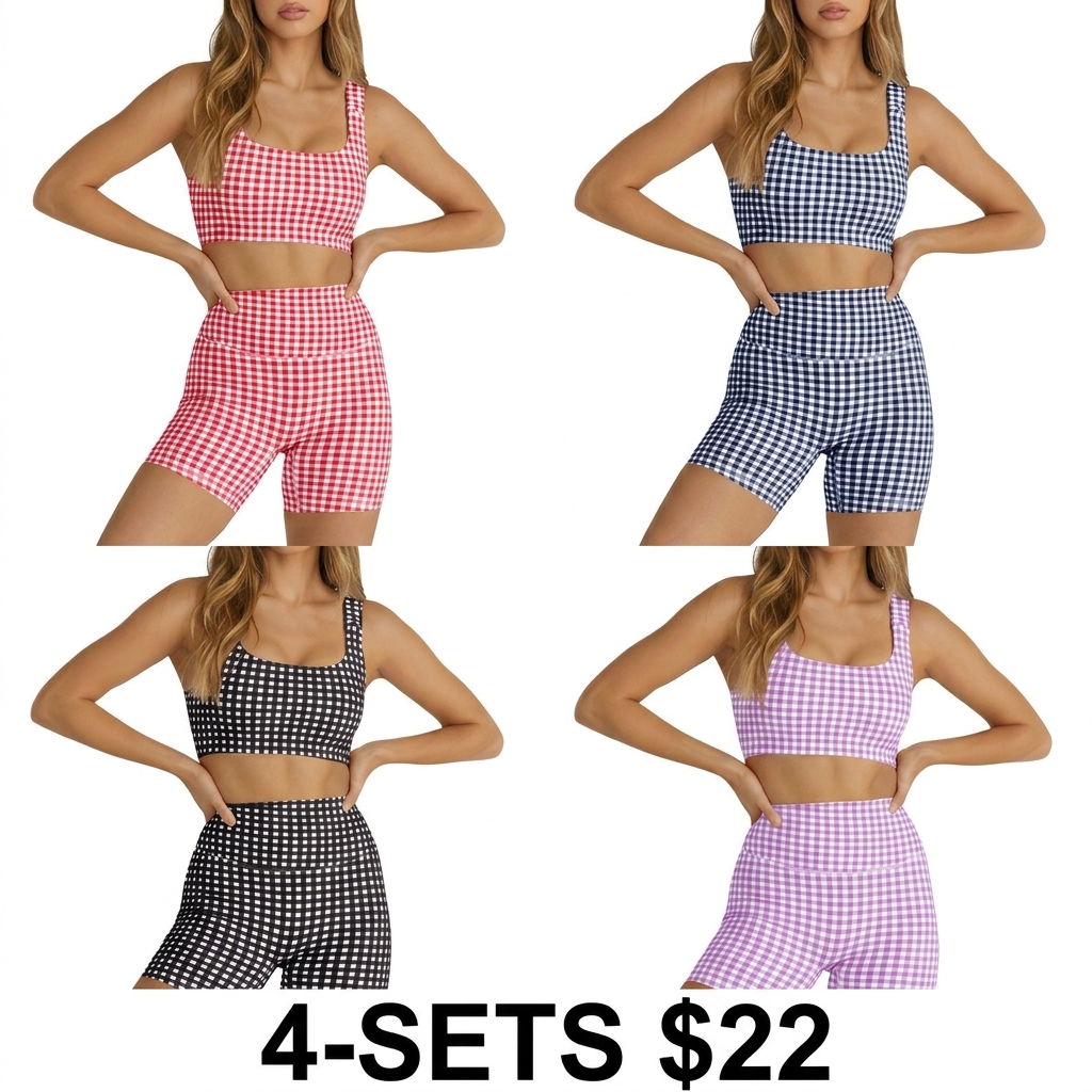Women's 2-Piece Athleisure Set – Padded Open Back Gingham Crop Tank & High Waisted Seamless Shorts