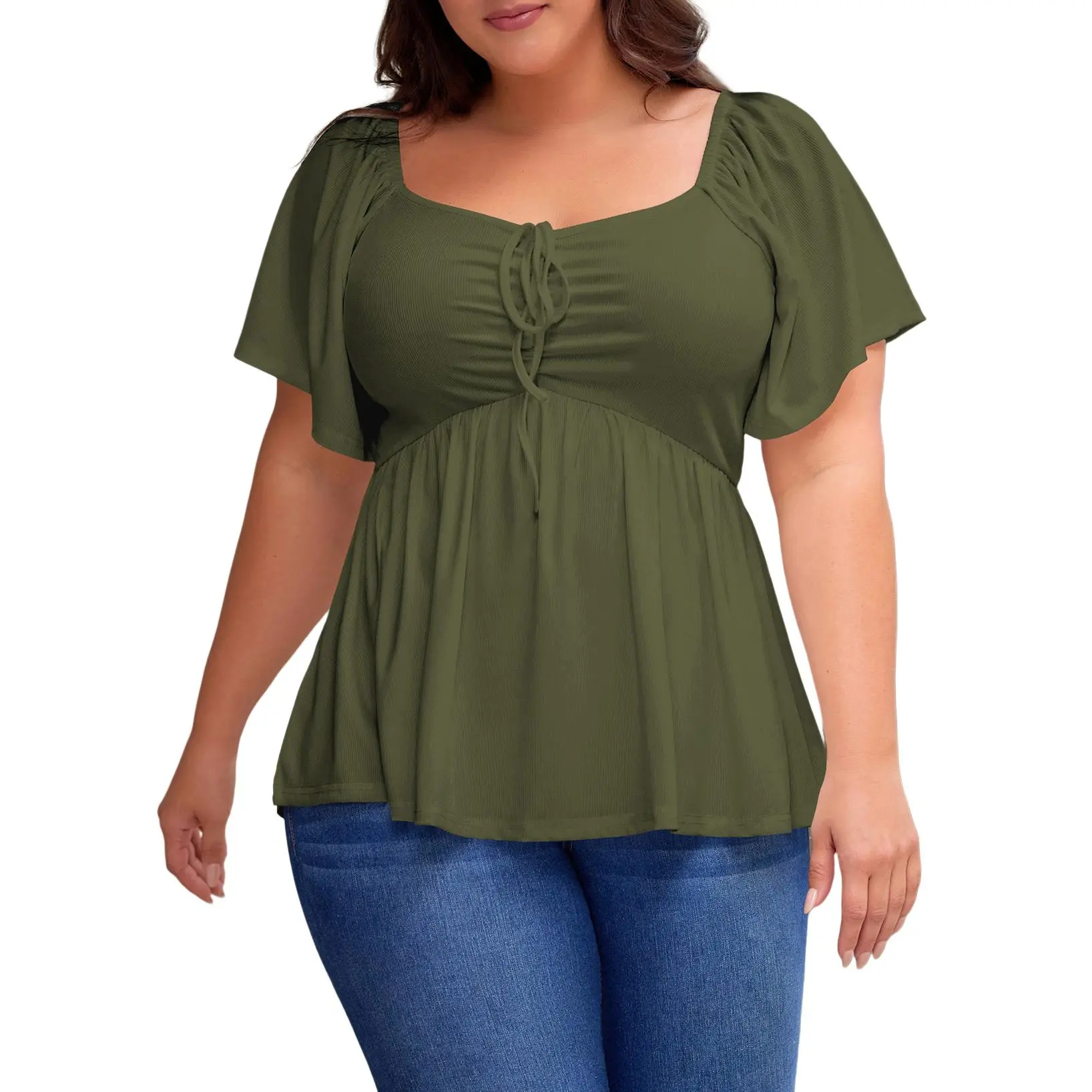 Women Sweetheart Neck Short Sleeve Shirred Peplum Rib Blouse Tops Shirts