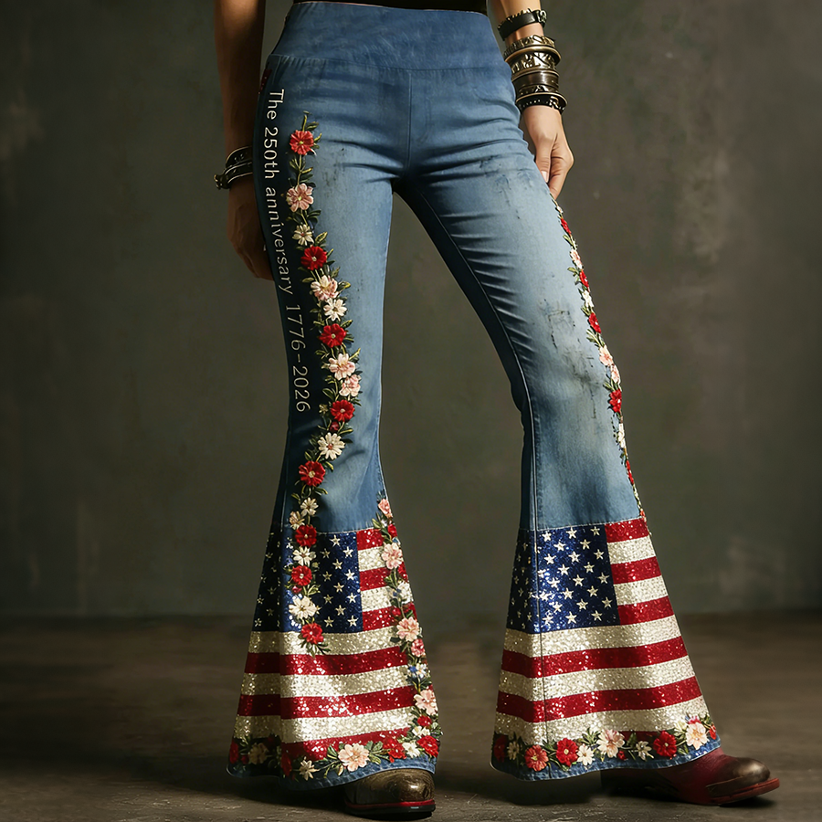Ladies' Casual American Floral Denim Fabric Flared Pants