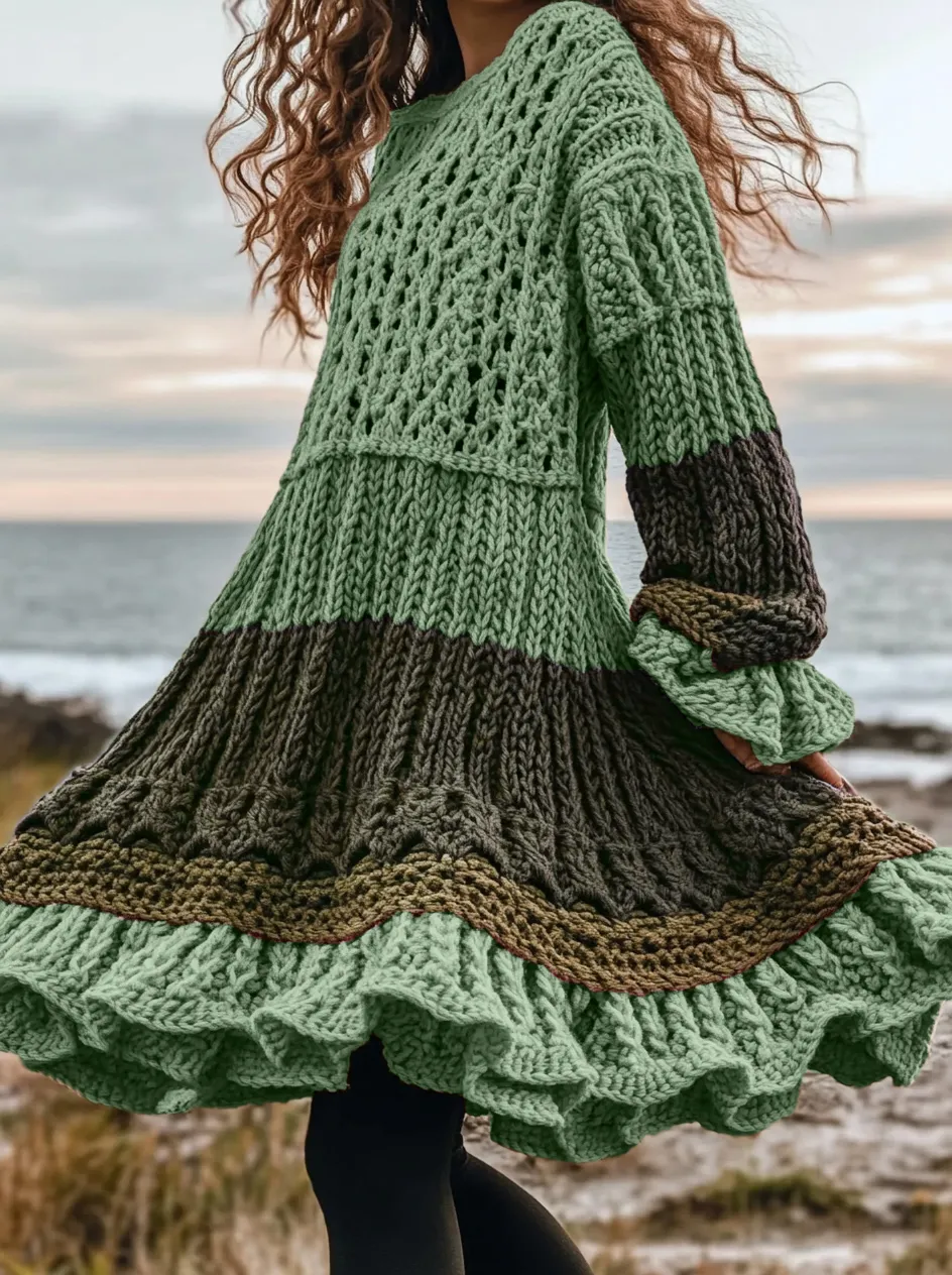 Women's Celtic Knotted Color Block Jacquard Crew Neck Sweater Dress
