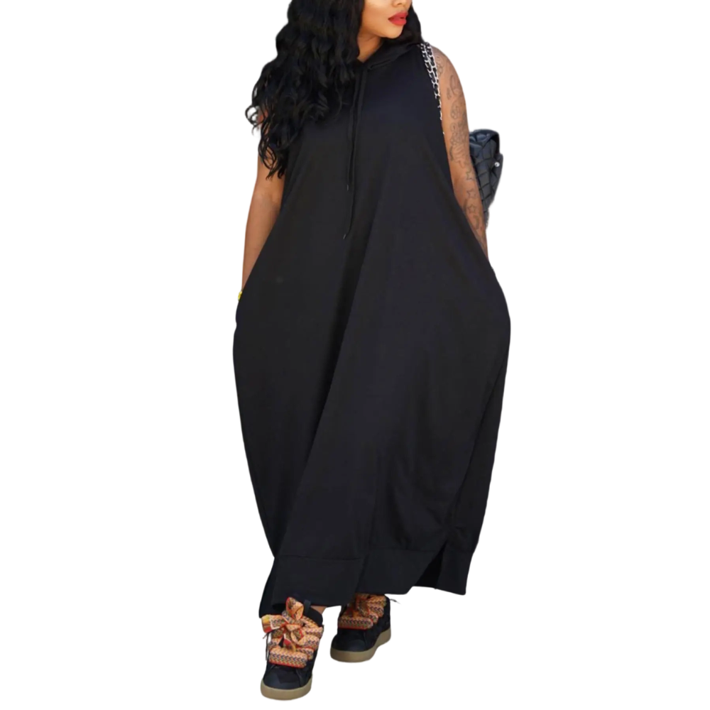 Women's Plain Drawstring Hooded Tank Dress, Casual Basic Pocket Sleeveless Dress