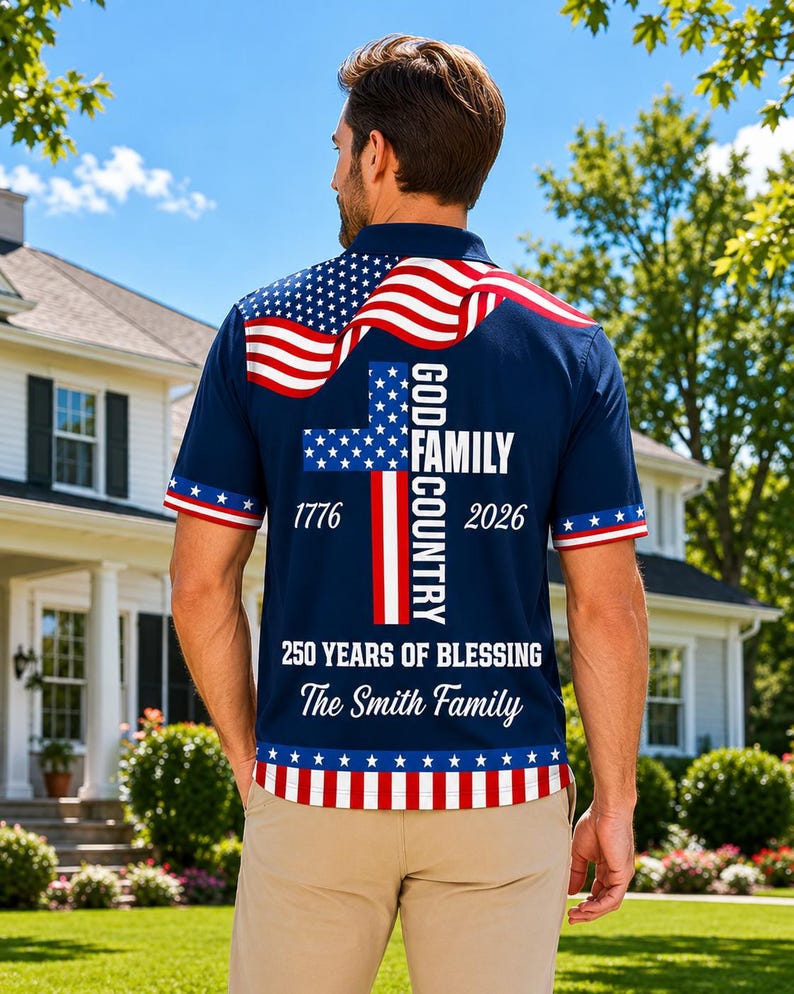God Family Country Polo Shirt, Patriotic Cross Polo, American Flag Christian Shirt, USA Faith Family Freedom Tee, 4th of July Gift