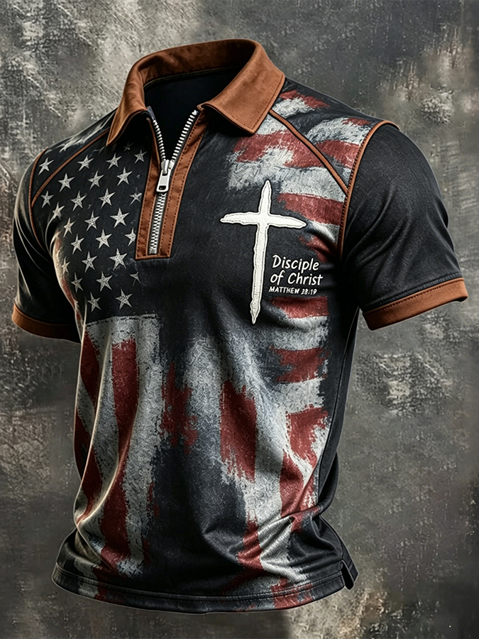Disciple Of Christ Matthew 28:19 USA Flag Christian Zip Polo Shirt