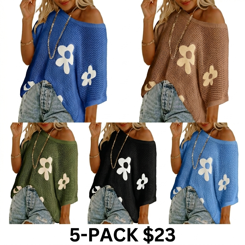 Women's Floral Crochet Sweater – Short Sleeve Lightweight Knit Beach Cover Up
