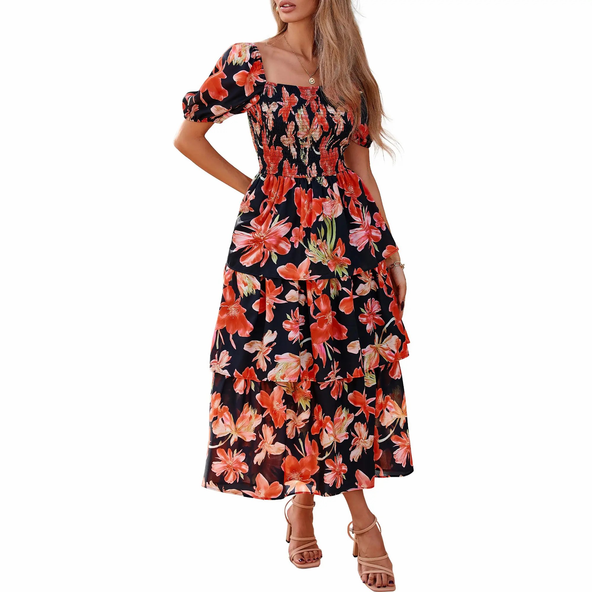 Women's Square Neck Smocked Dress with Puff Short Sleeve Floral Casual Ruffle Tiered Wedding Guest Dress
