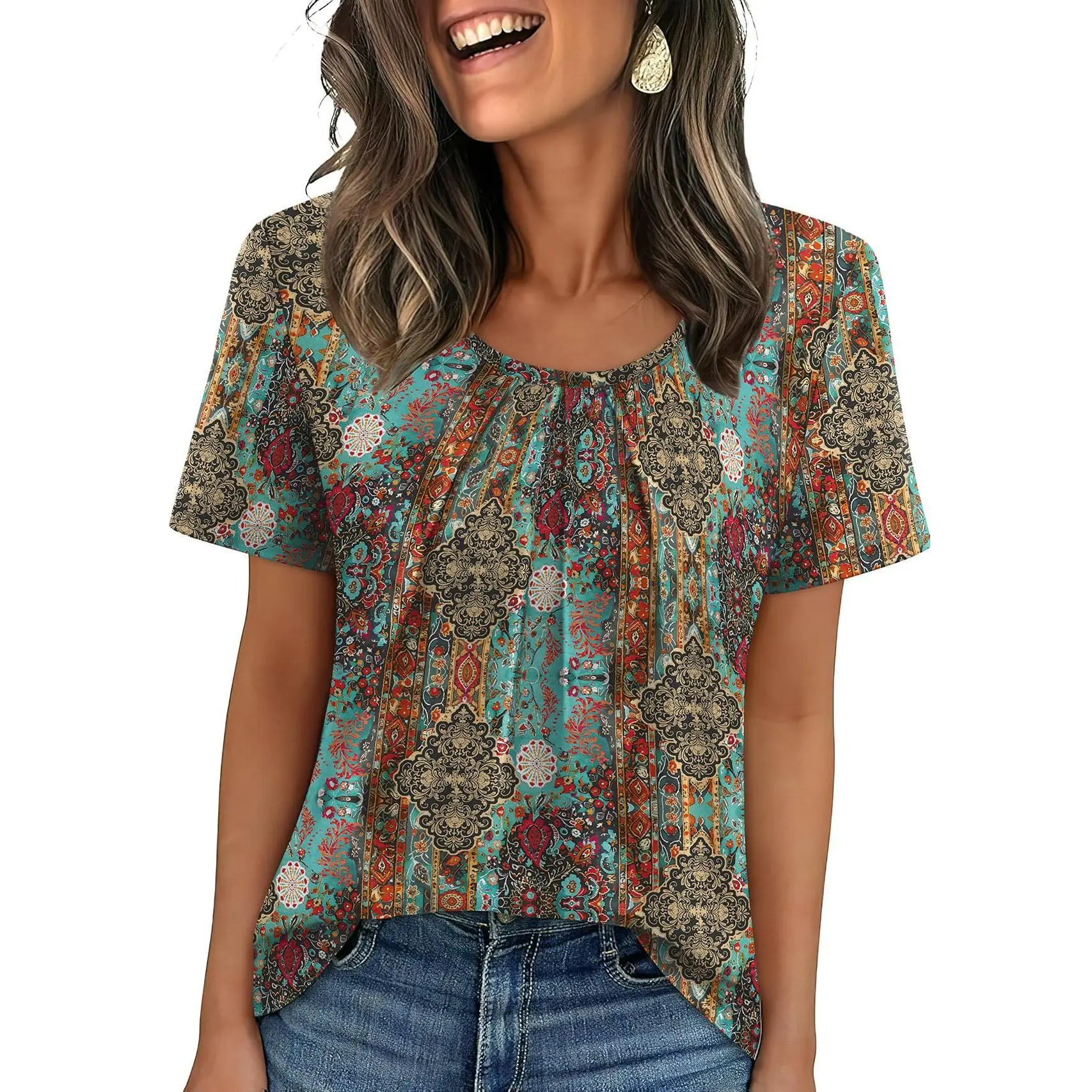 Women T Shirts Pleated Short Sleeve Tops Business Casual Dressy Blouses Crewneck Boho