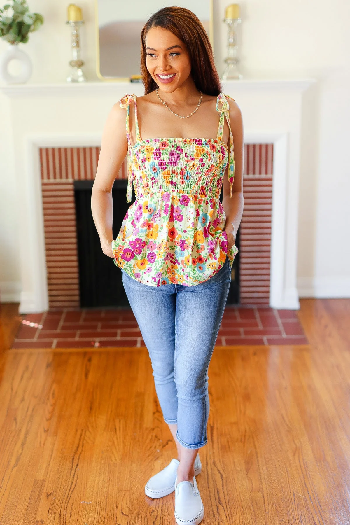 Sunny Days Floral Smocked Shoulder Tie Top in Yellow
