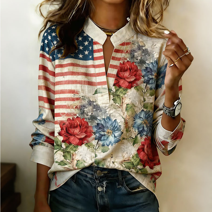 Women's Retro American Independence Day 250th Anniversary Flower Art Printed V-neck Long Sleeve Shirt