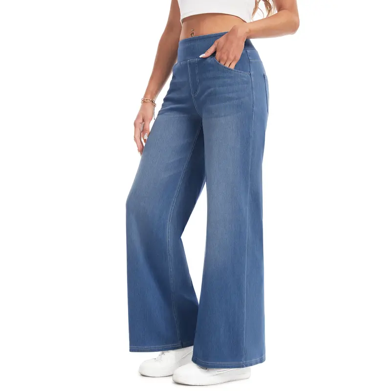 Women's Stretch Wide-Leg Jeans — Loose Fit, High-Waisted with Elastic Band
