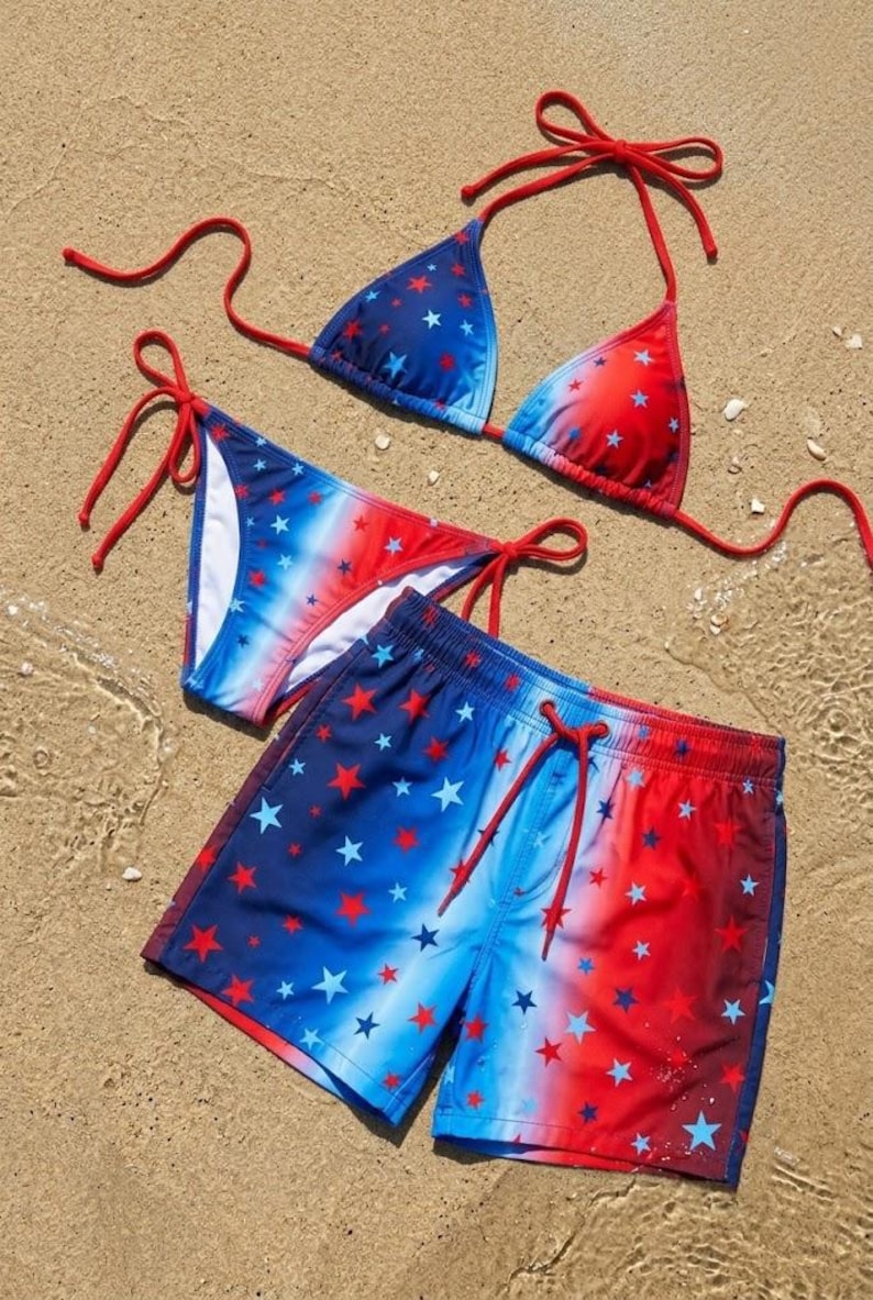Patriotic Star Plaid Bikini and Swim Trunks, Couples Beach Vacation Set