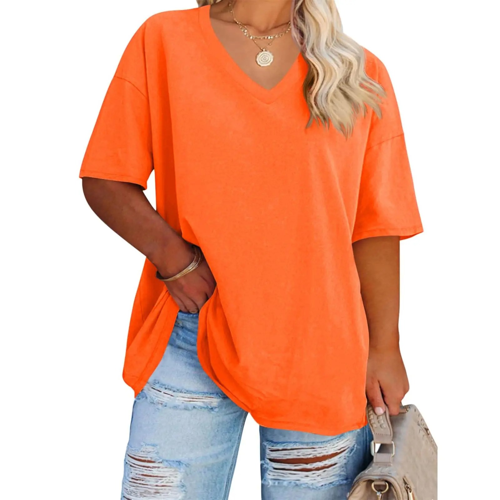 Women's V-Neck Short Sleeve Tunic Top Casual Loose Fit Soft Cotton Summer Tee