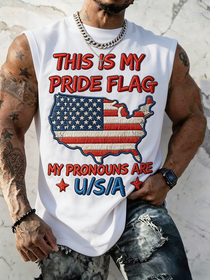 Men's This Is My Pride Flag My Pronouns Are USA Embroidered Sleeveless Tank Top