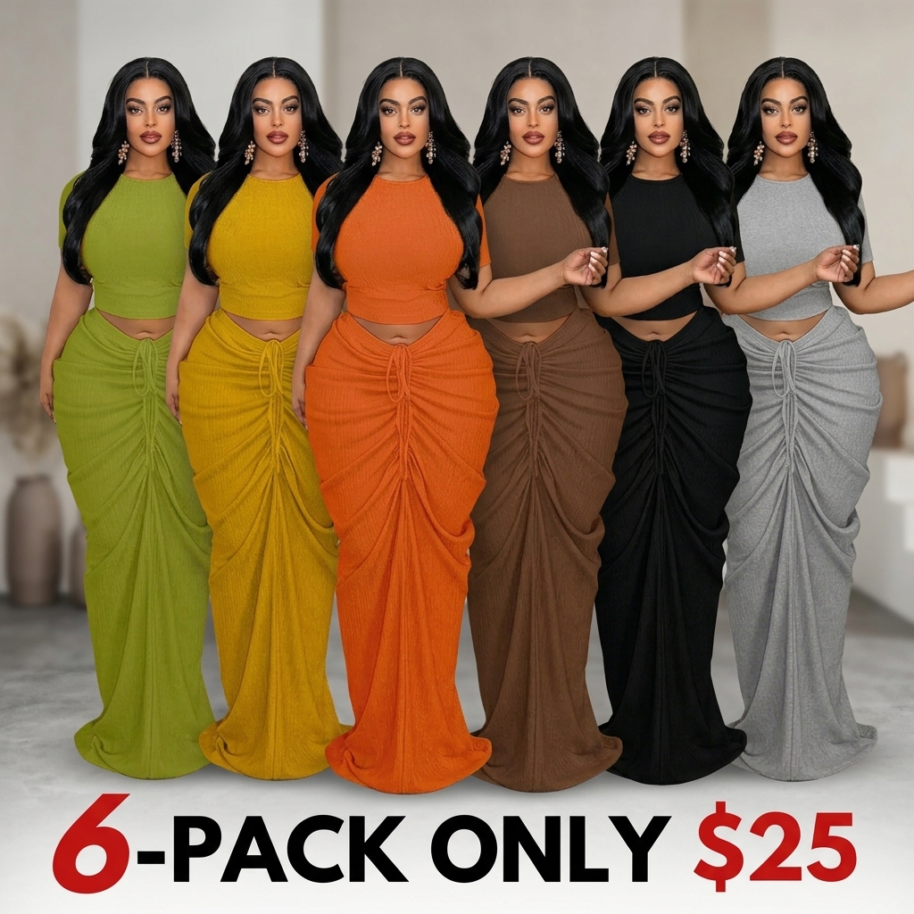 Plus Size Two-Piece Women's Set, Ribbed Short Top & Drawstring Pleated Skirt, Sexy Slim Fit Evening Party Dress