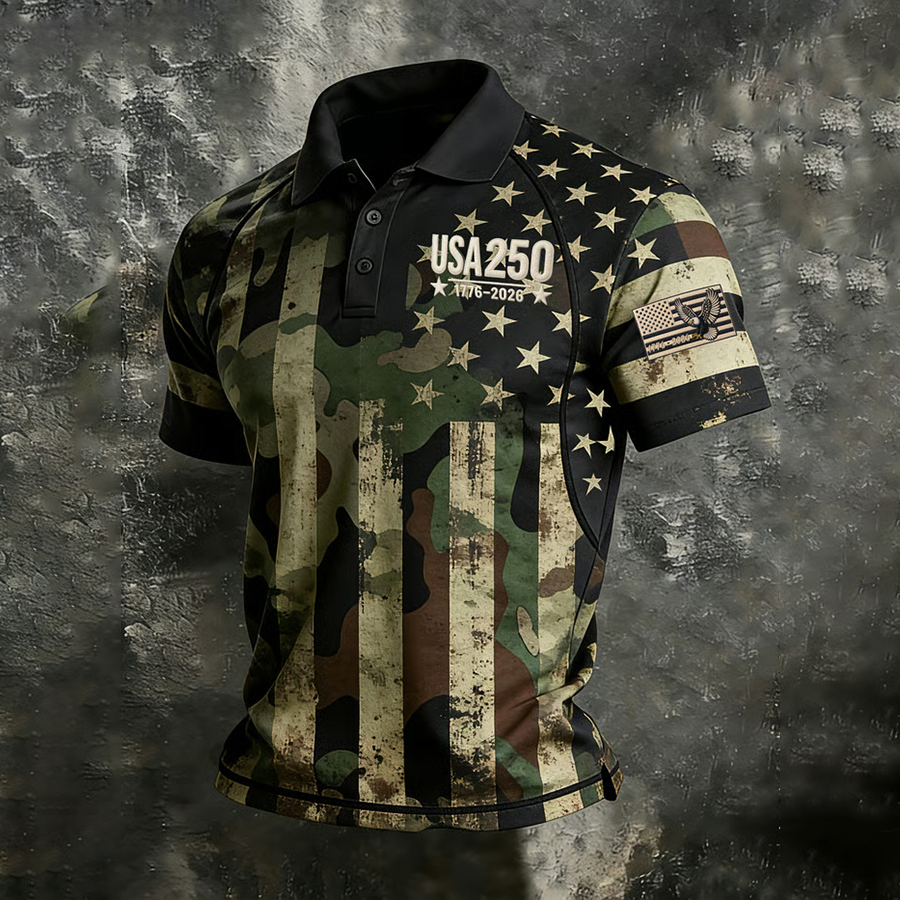 Men'S Retro American Founding Celebration Striped Raglan Polo Shirt