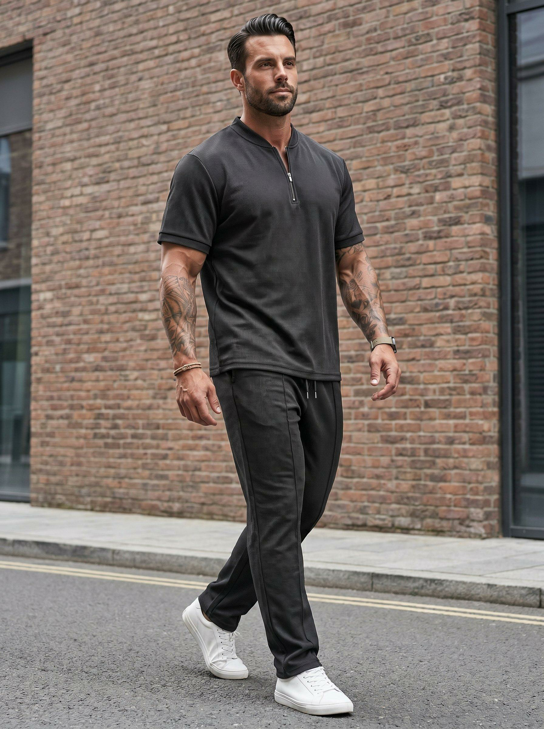Men's 2-Piece Athleisure Wear Set - Solid Half-Zip Long Sleeve Jacket & Top-Stitching Waffle Pants