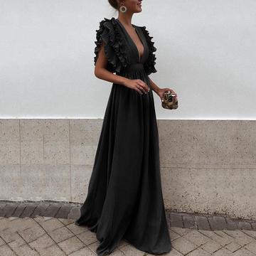 Solid Color Deep V Neck Backless Maxi Dress 2d13