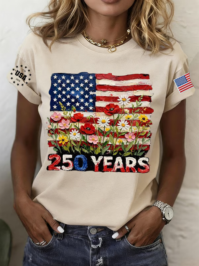 Women'S 250Th Anniversary Flower Round Neck T-Shirt