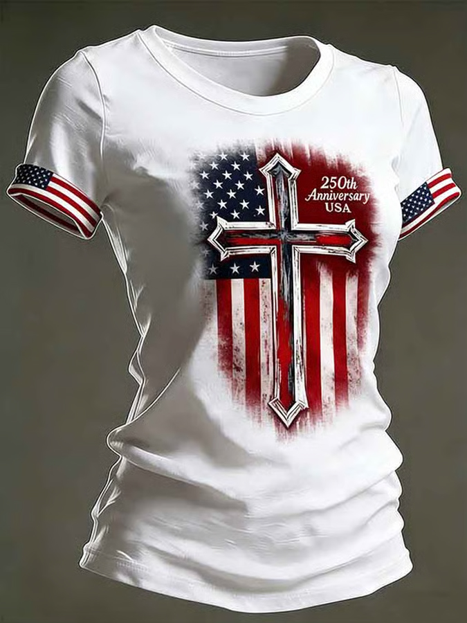 Women'S Flag Printed Casual Round Neck T-Shirt