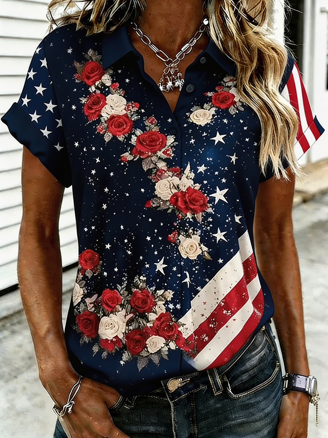 Women's Patriotic American Flag Starry Sky Rose Print Button Down Shirt