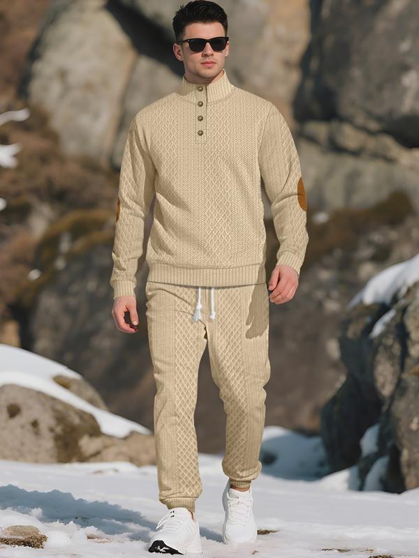 Mens Knitted Half-Placket Sweatshirt with Contrast Elbow Patches