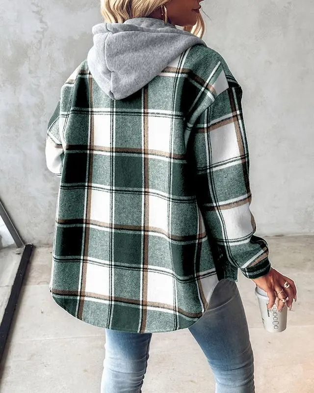 Women's Plaid Pattern Shacket  Hooded Jackets