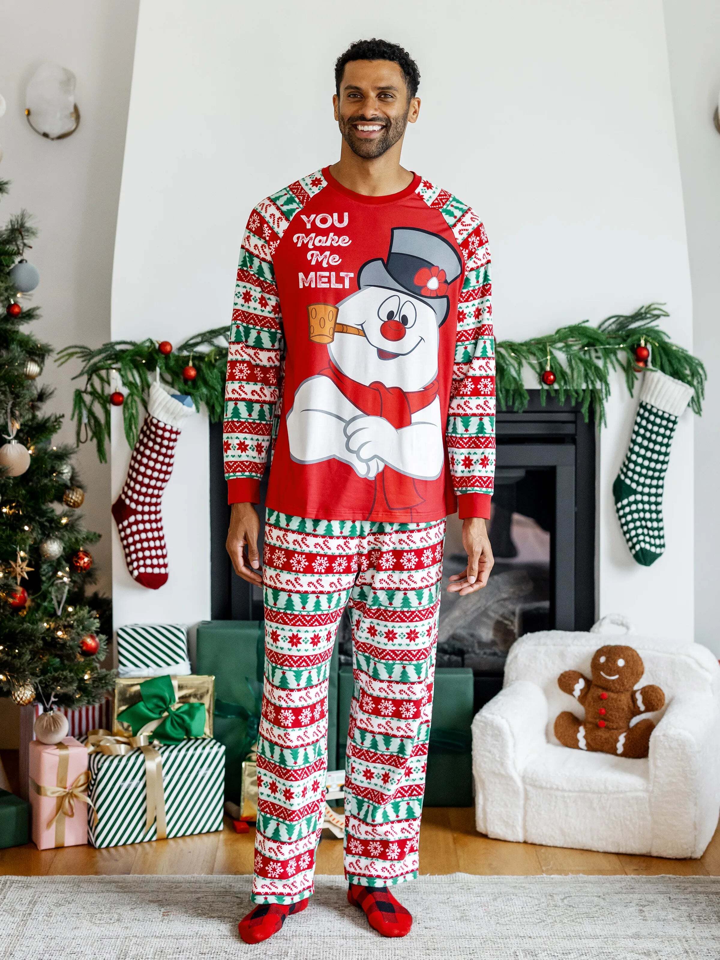 Frosty the Snowman Christmas Family Matching Fair Isle Pattern Polar Fleece Pajamas Set Red