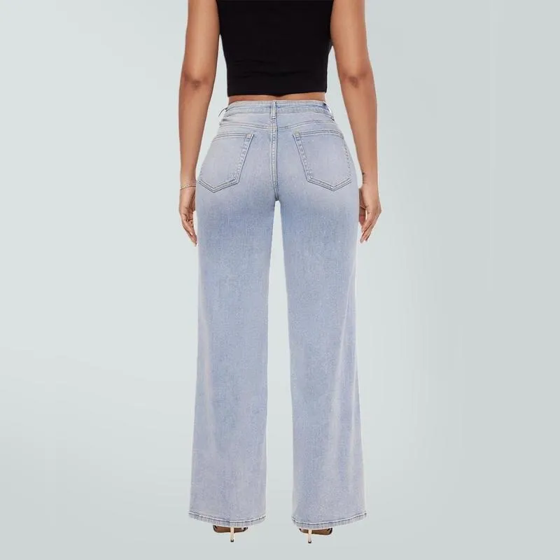Mid-low Rise Baggy Jeans Stretchy Wide Leg for Women Distressed Pants