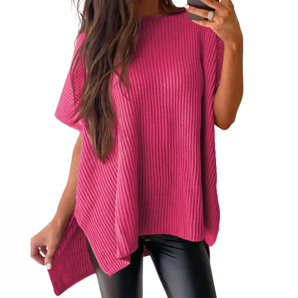 2026 Spring/Summer Oversized Cozy Ribbed Knit Top Women’s Crew Neck Short Sleeve Pullover Elegant Solid